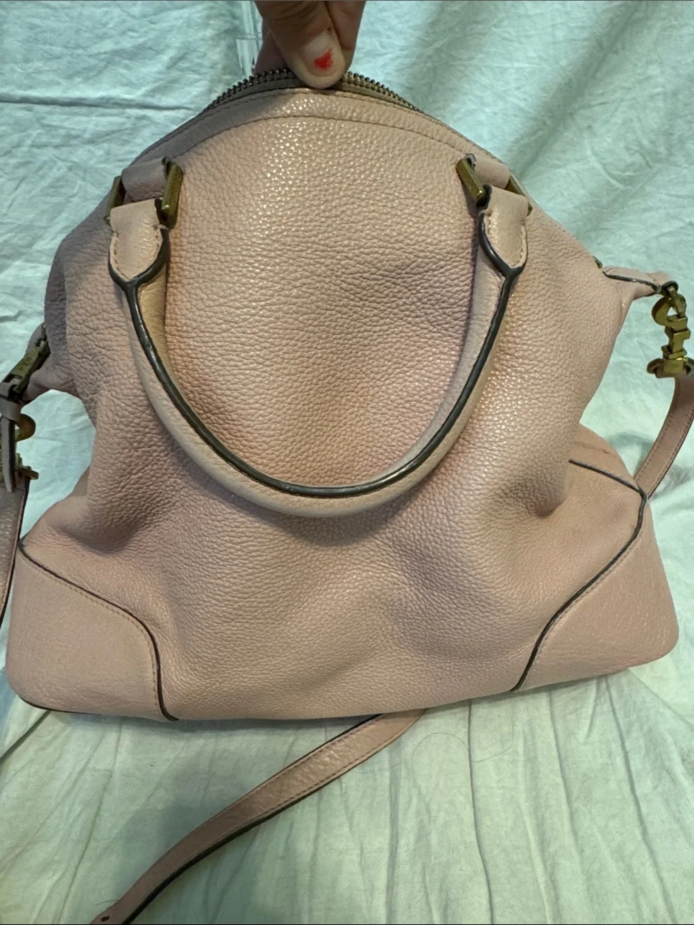 Tory Burch Blush Pink Pebbled Leather Satchel with Crossbody Strap
